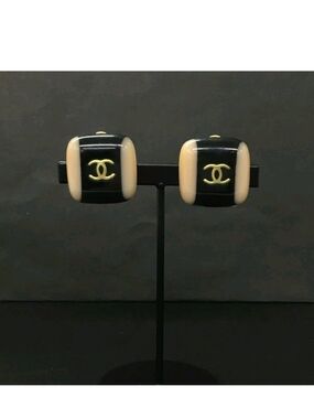 Chanel Black and Beige CC Logo Clip-On Earrings